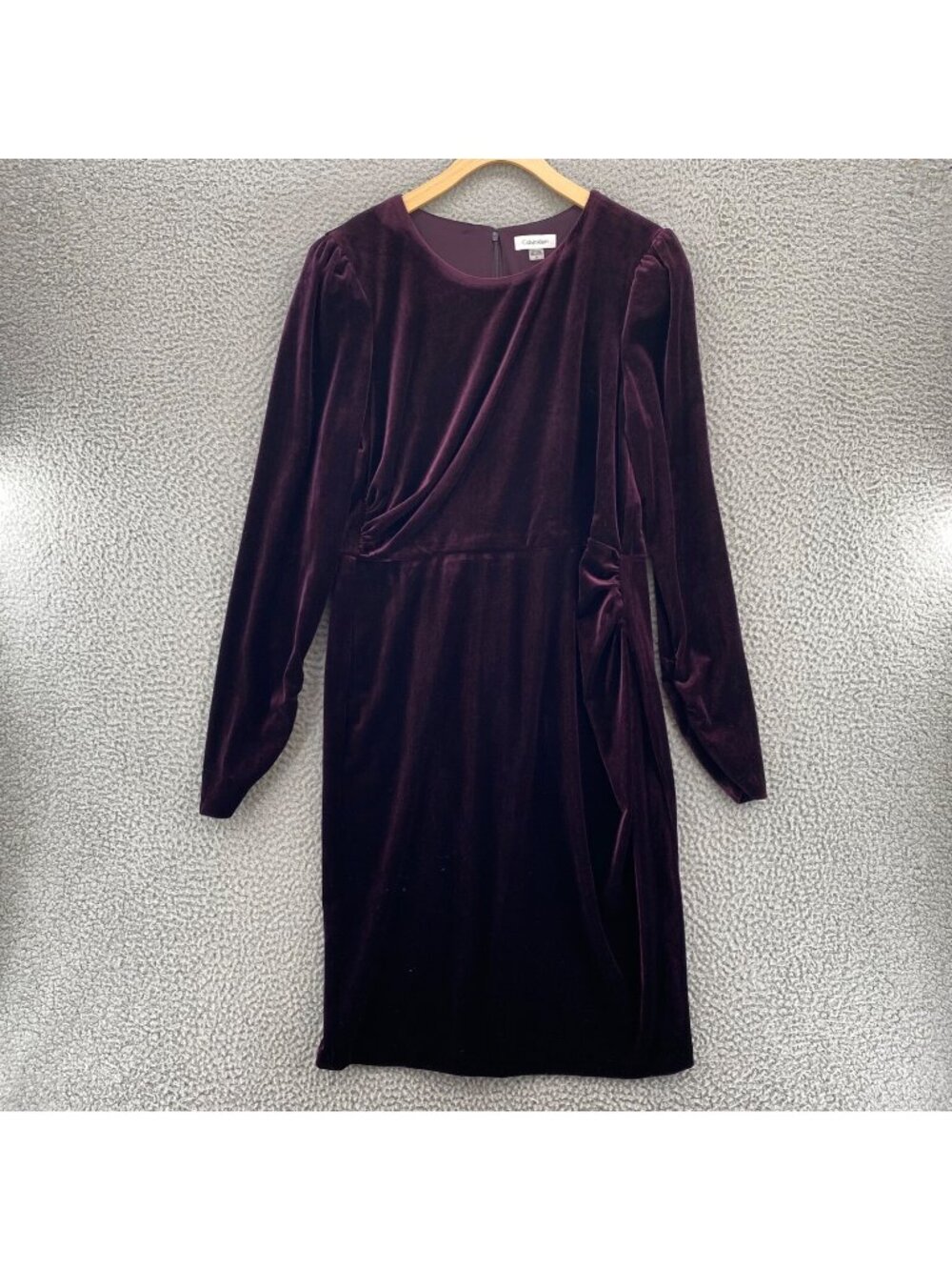 Calvin Klein Dress Womens 14 Purple Velvet Shift Long Puff Sleeve Ruched Stretch